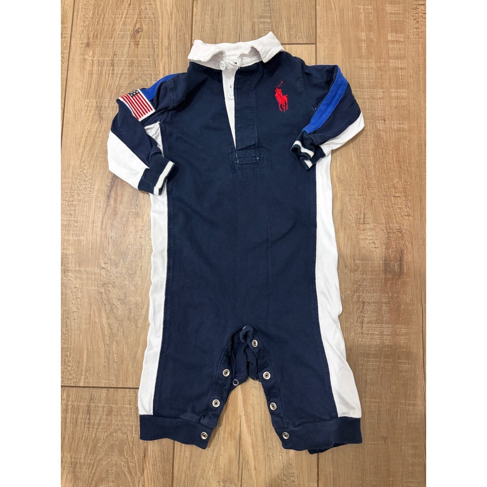 Ralph Lauren Baby Boy Navy Blue Polo Rugby Coverall American Flag Patch 6M